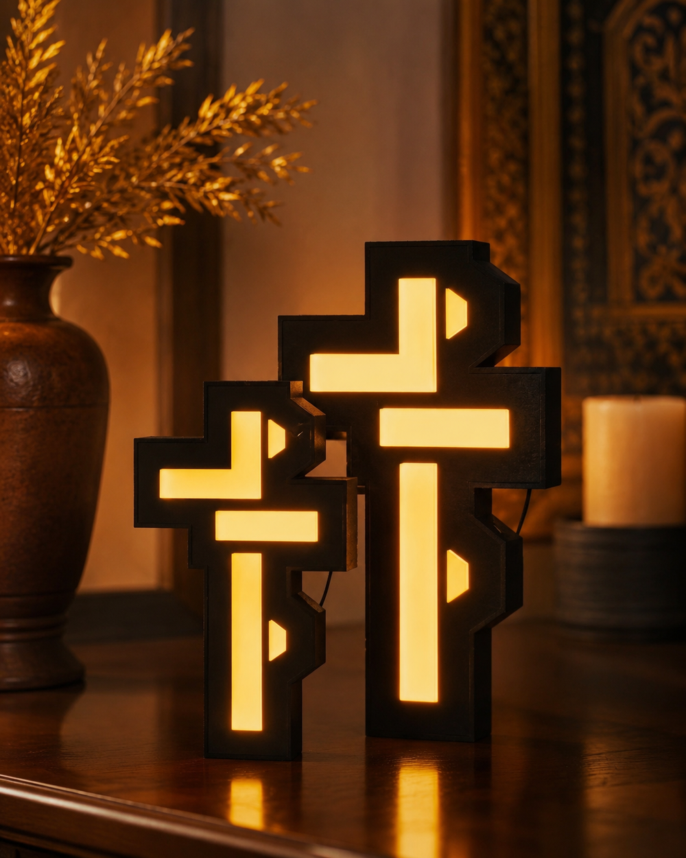 Cross / Ya Rab lightbox in a warm home setting
